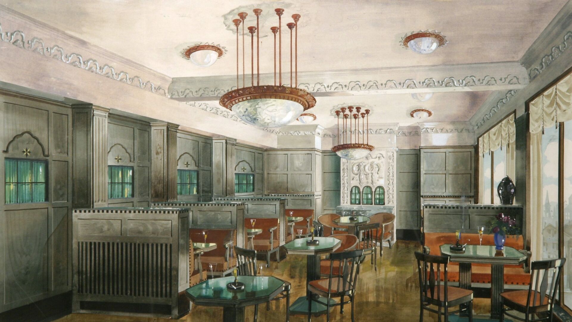 Interiörskiss i akvarell av Otto Schultz föreställande Bräutigams konditori i Göteborg med stolar, bord, bås och hängande takkronor.